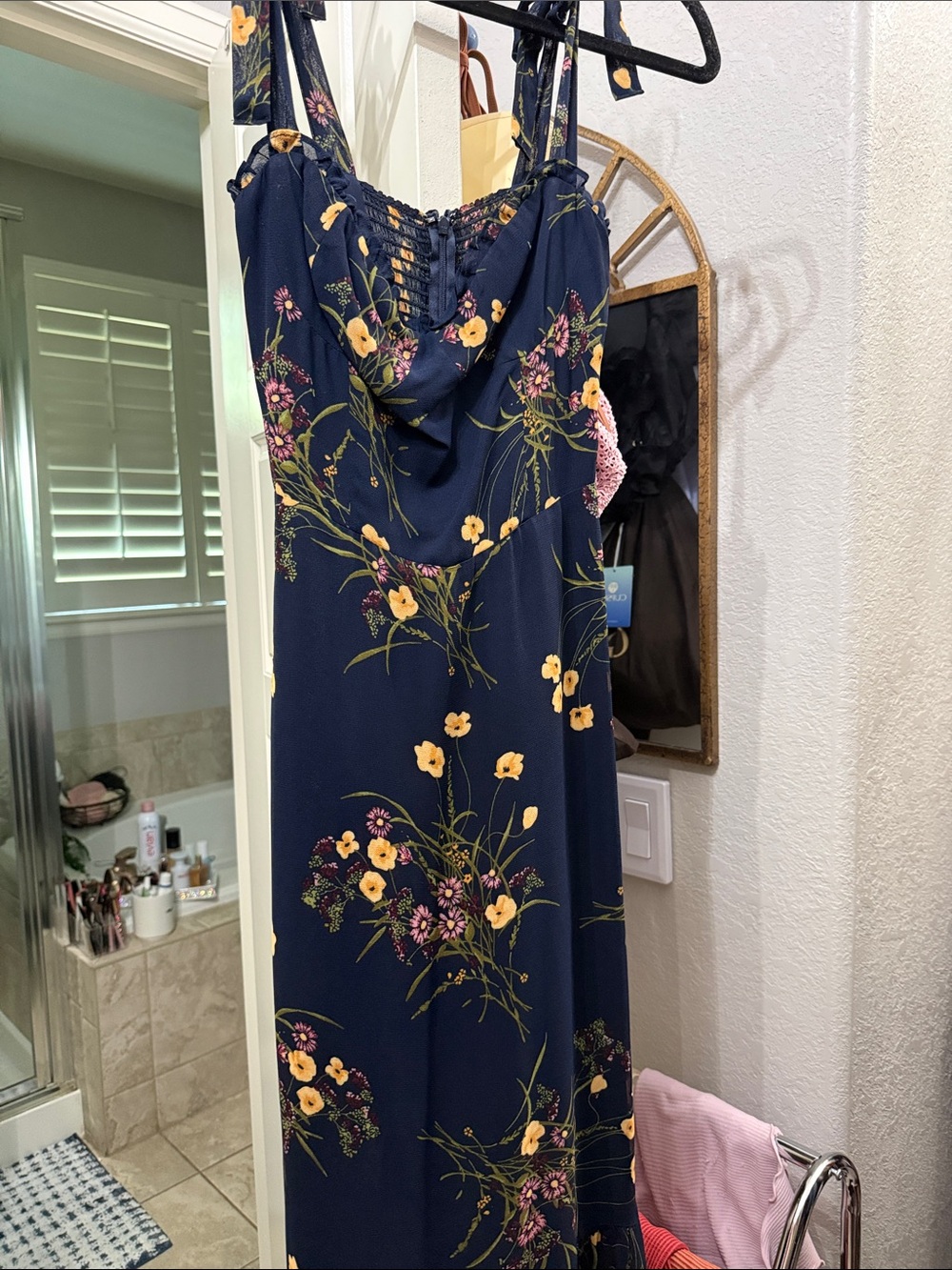 Reformation Navy Floral Maxi Dress with Yellow & Pink Blooms